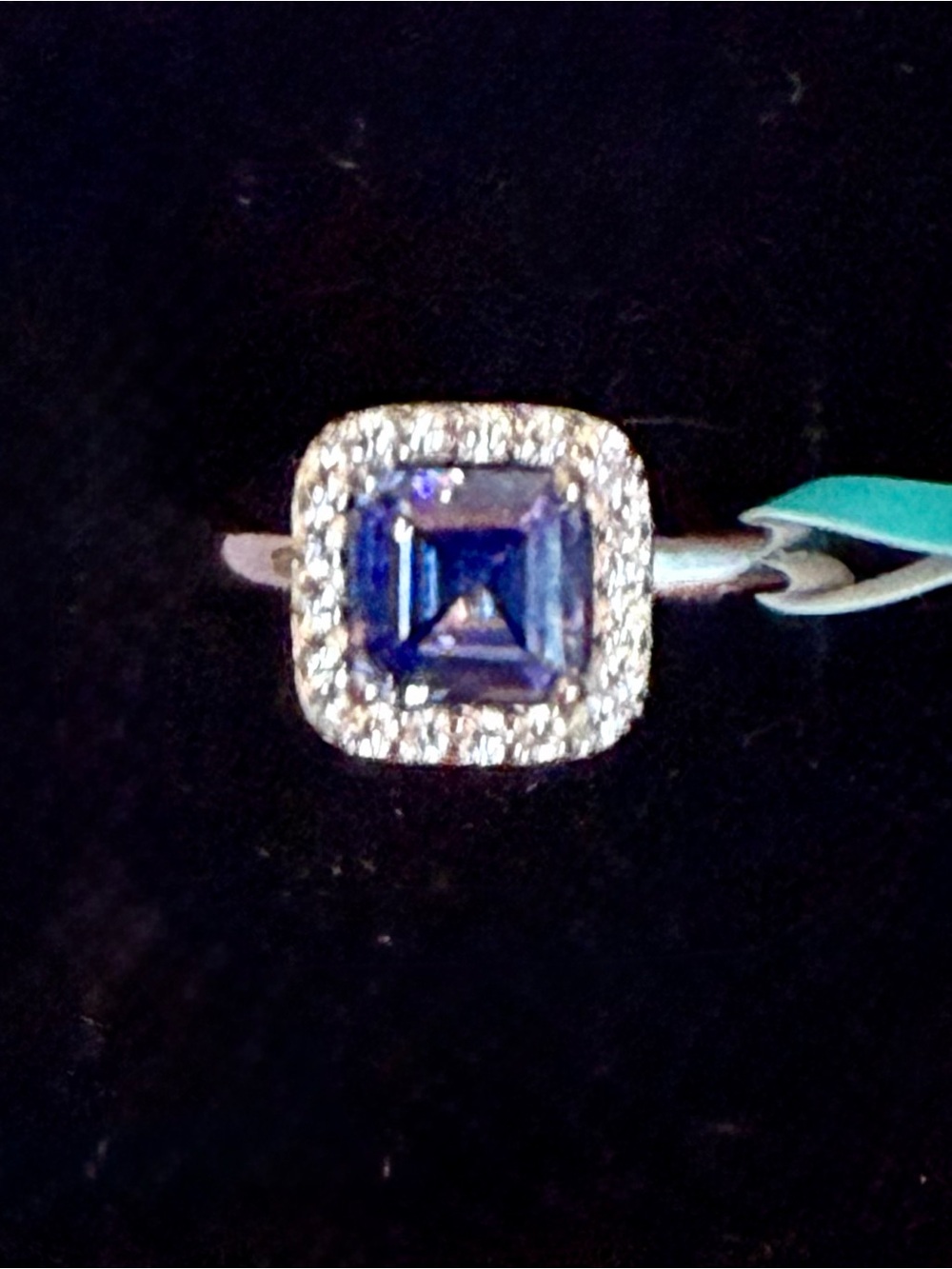 Sterling Silver Halo Ring Square-cut tanzanite & cubic zirconia stones Size 7